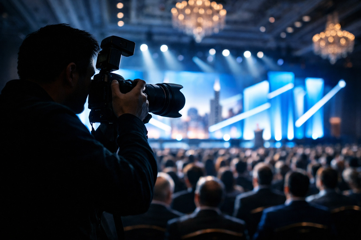 Professional event photographer capturing a keynote speech in a large Chicago conference center.
