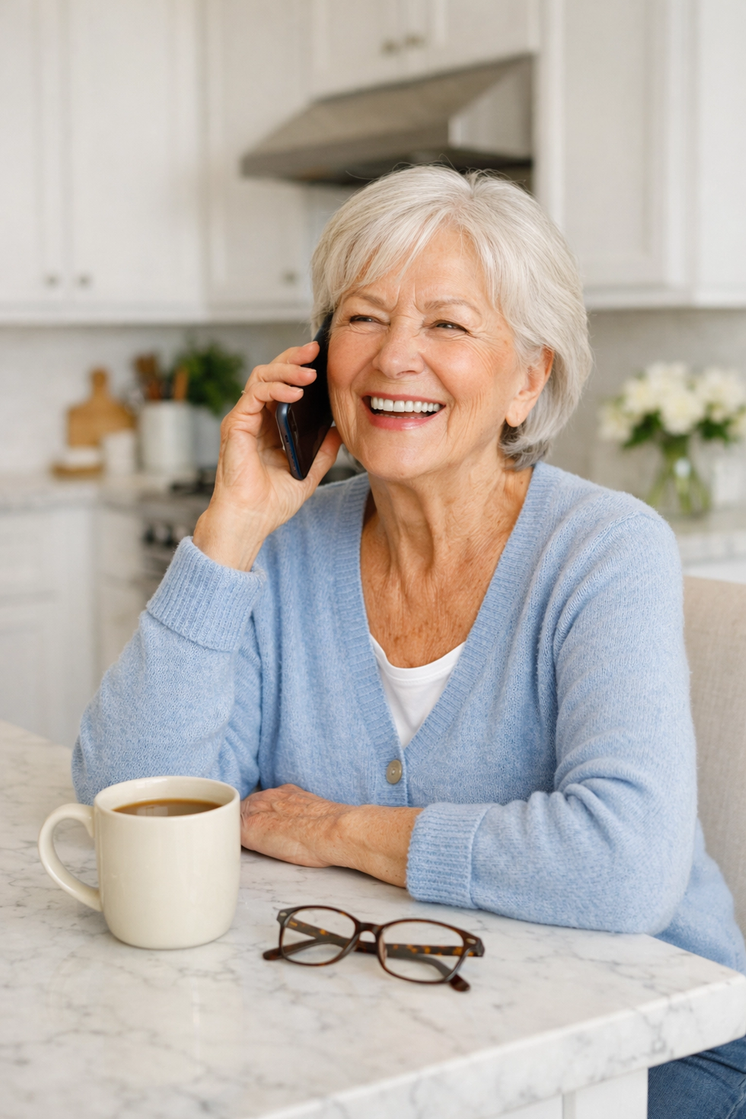 Woman smiling on a phone call while securing no-medical-exam final expense insurance.