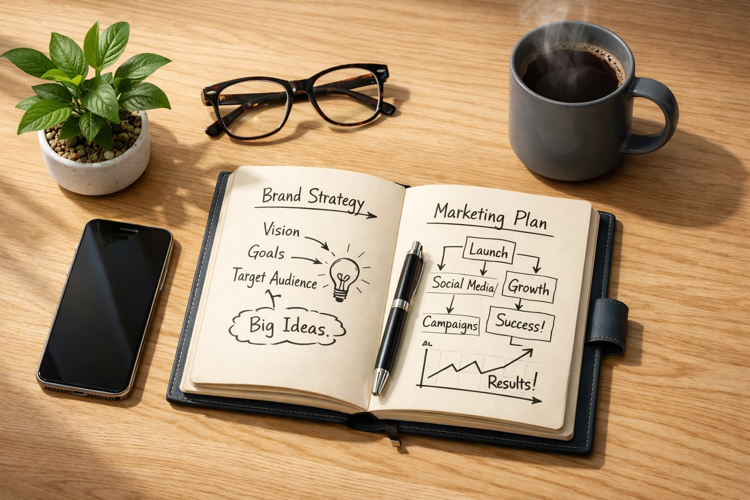 Strategic marketing planning tools on a desk for a local marketing strategy in 2026.