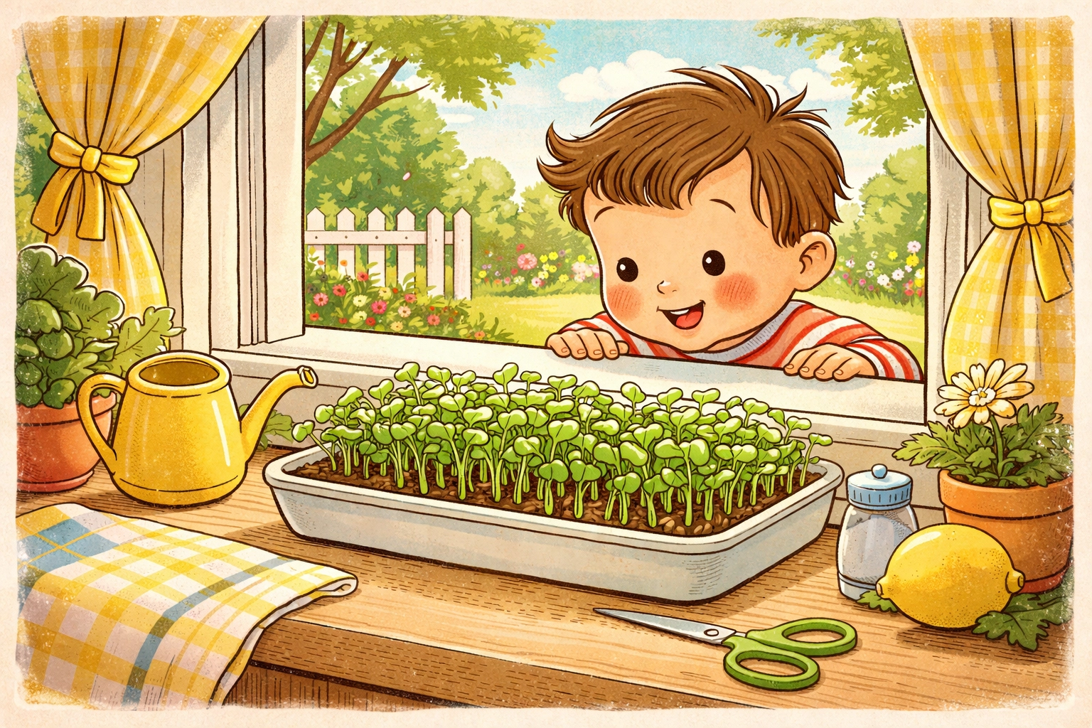 Child excitedly observing a tray of bright green microgreens growing on a sunny kitchen windowsill