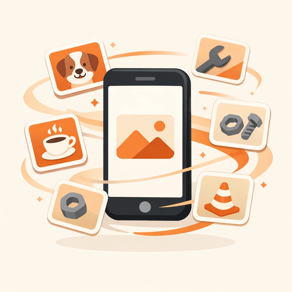 Illustration of a cluttered smartphone camera roll being organized by a contractor photo app.