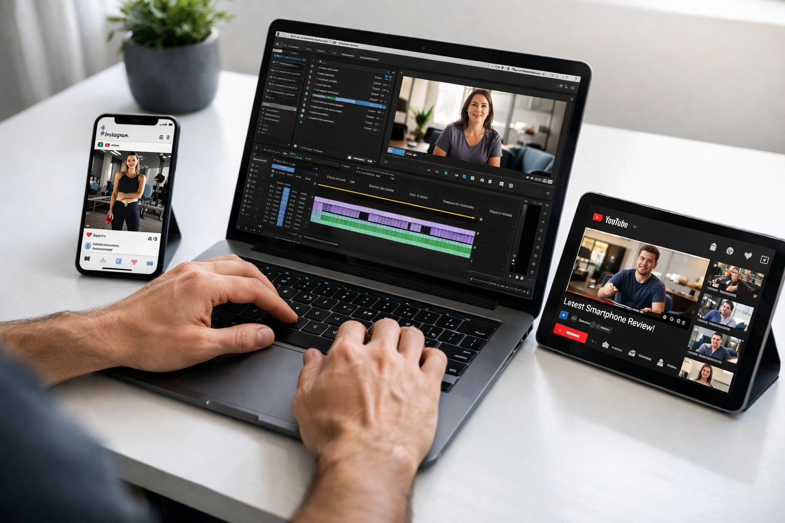 Multi-platform content distribution workflow showing social media management on laptop and mobile devices
