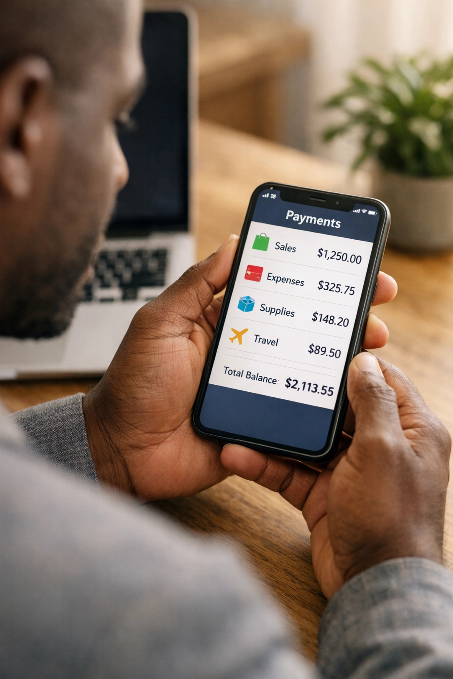 Business owner reviewing payment app transactions on smartphone for tax reporting