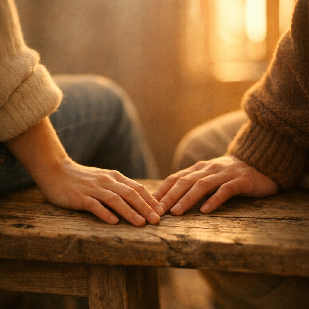 Close up of two people sitting together, emphasizing human connection and emotional intelligence in relationships.