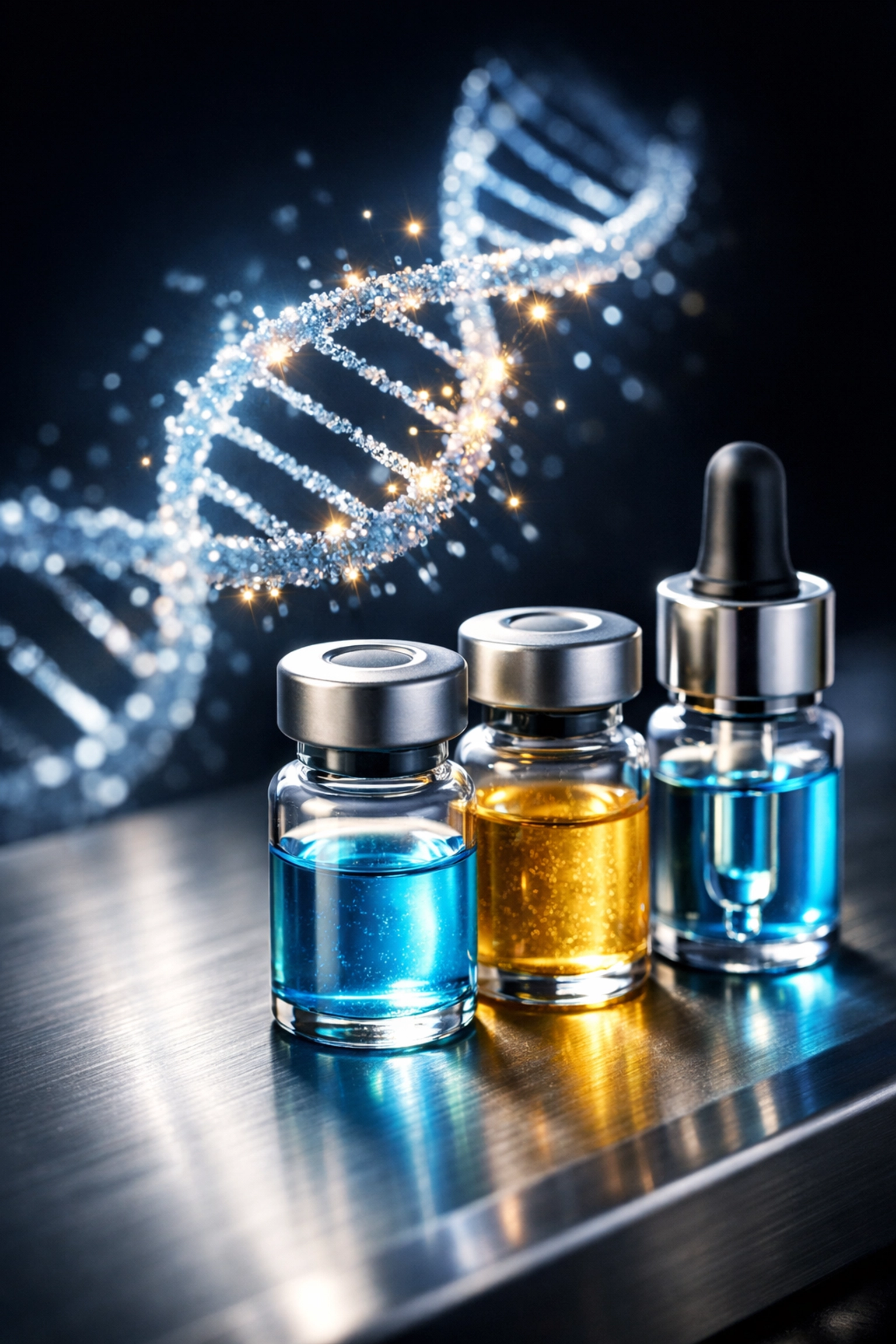 Vials of peptide therapy and hormone optimization supplements for cellular and DNA repair.