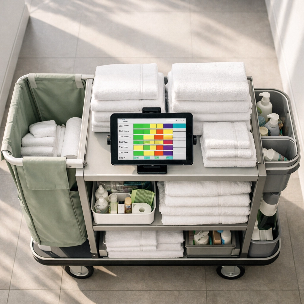 Housekeeping cart with digital tablet displaying automated room scheduling and assignments