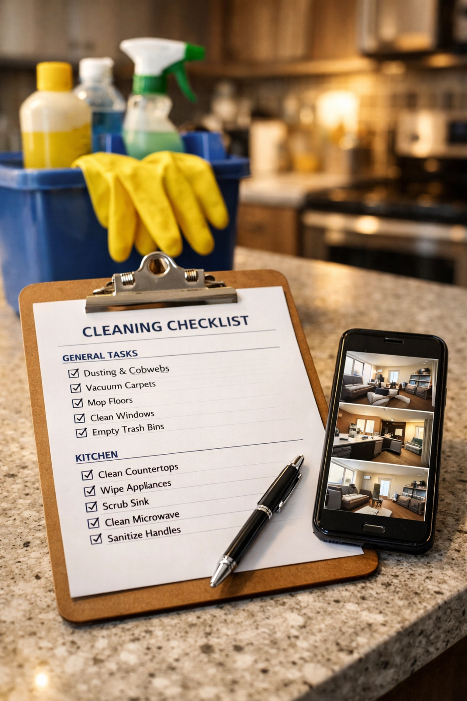 Property manager turnover cleaning checklist and documentation on kitchen counter