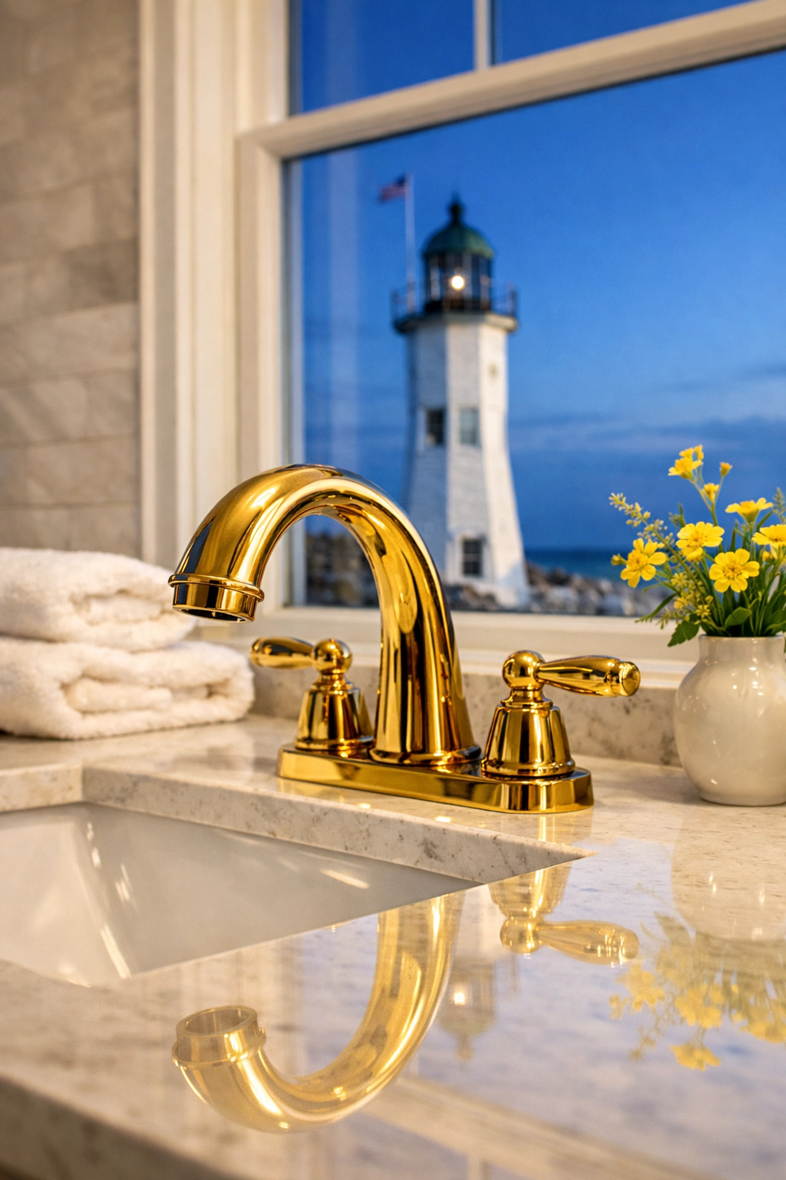 Expert Scituate Luxury Cleaning of a polished bathroom vanity featuring a Scituate Lighthouse view.