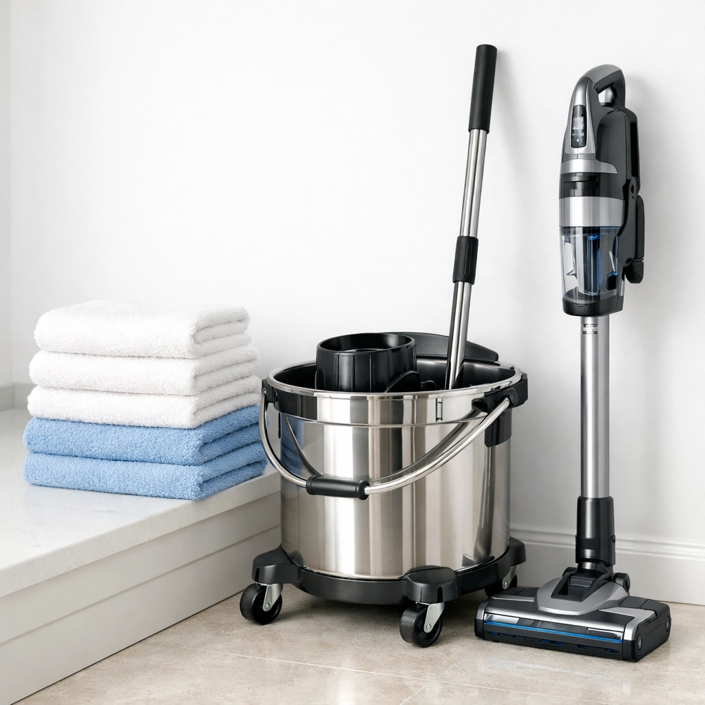 Organized house cleaning supplies and sanitized equipment for professional residential cleaning services.