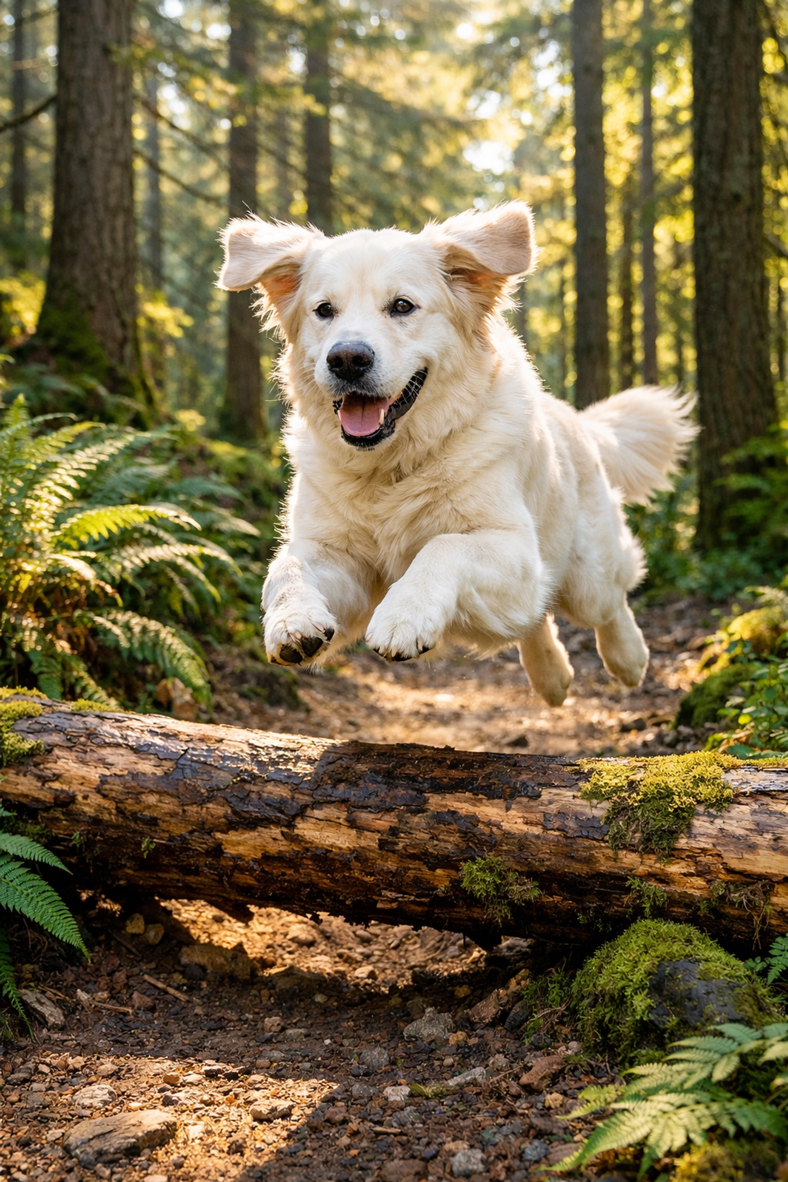 Healthy Golden Retriever jumping on Oregon trail showcasing strong hips from health-tested parents