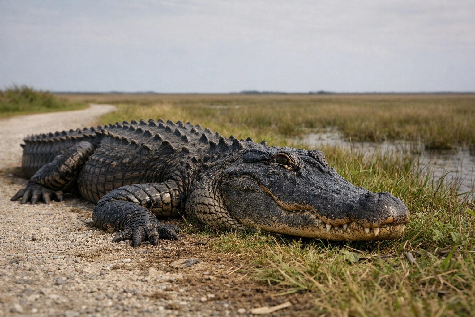 An alligator basking on the Shark Valley trail, showcasing wildlife photography in the Everglades.