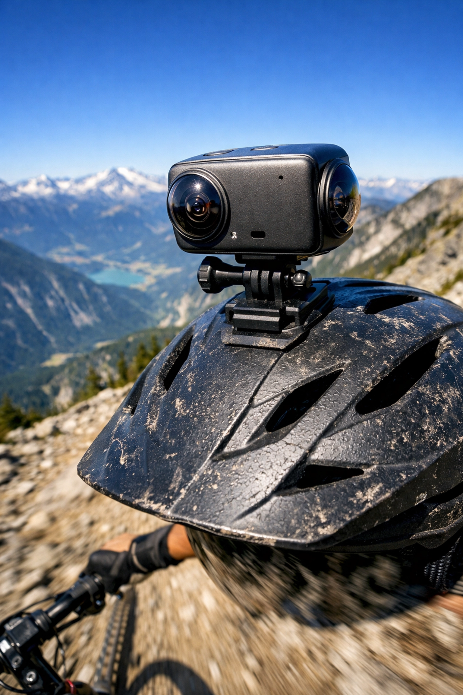 An Insta360 X6 camera on a mountain biker’s helmet, proving photography news matters for adventure filming.