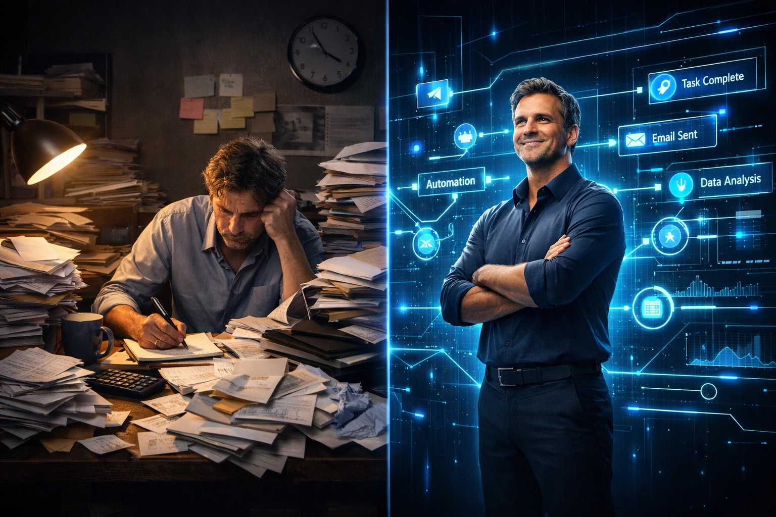 Marketing Automation AI: 10 Things Small Business Owners Wish They Knew Sooner 2 Small business owner transforming from manual tasks to AI-powered marketing automation workflows