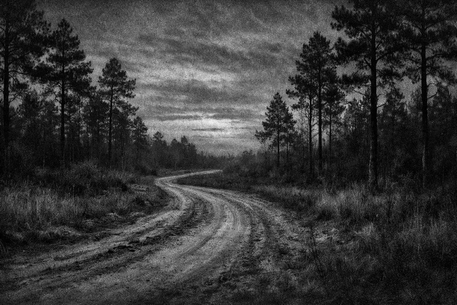 Winding Lee County, Mississippi dirt road at dusk, evoking Elvis Presley’s bleak May 1938 roots