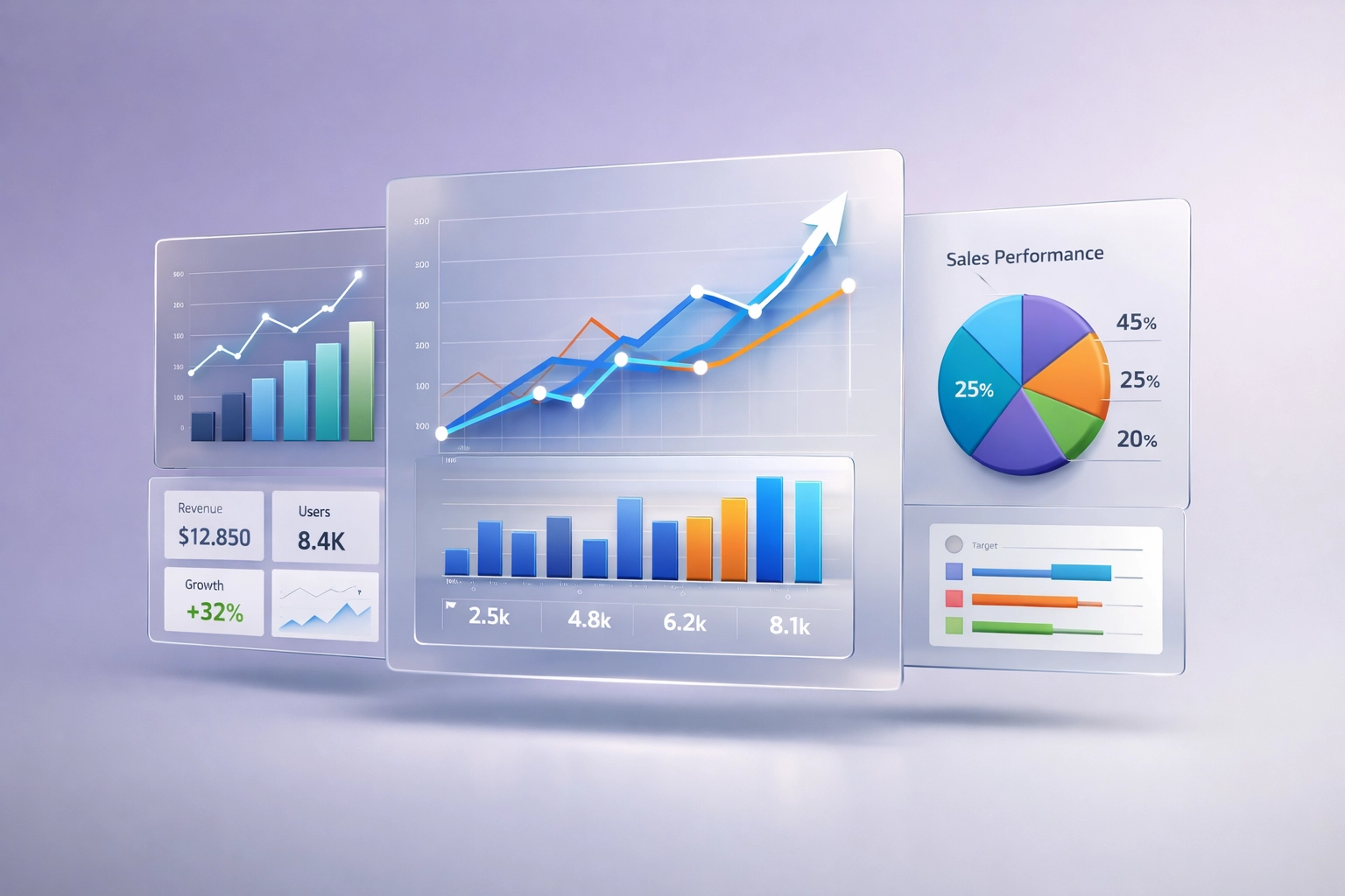 Business analytics dashboard showing data visualizations and growth metrics
