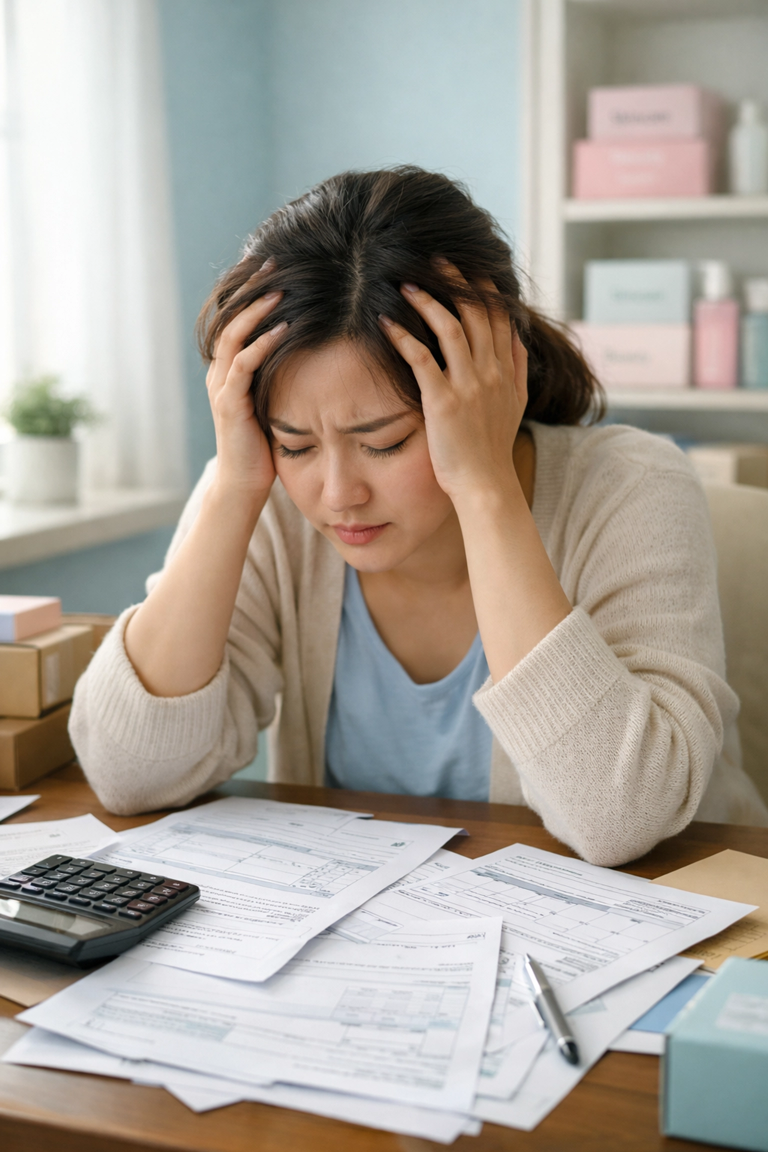 K-Beauty seller stressed over unexpected customs fees and import paperwork at desk