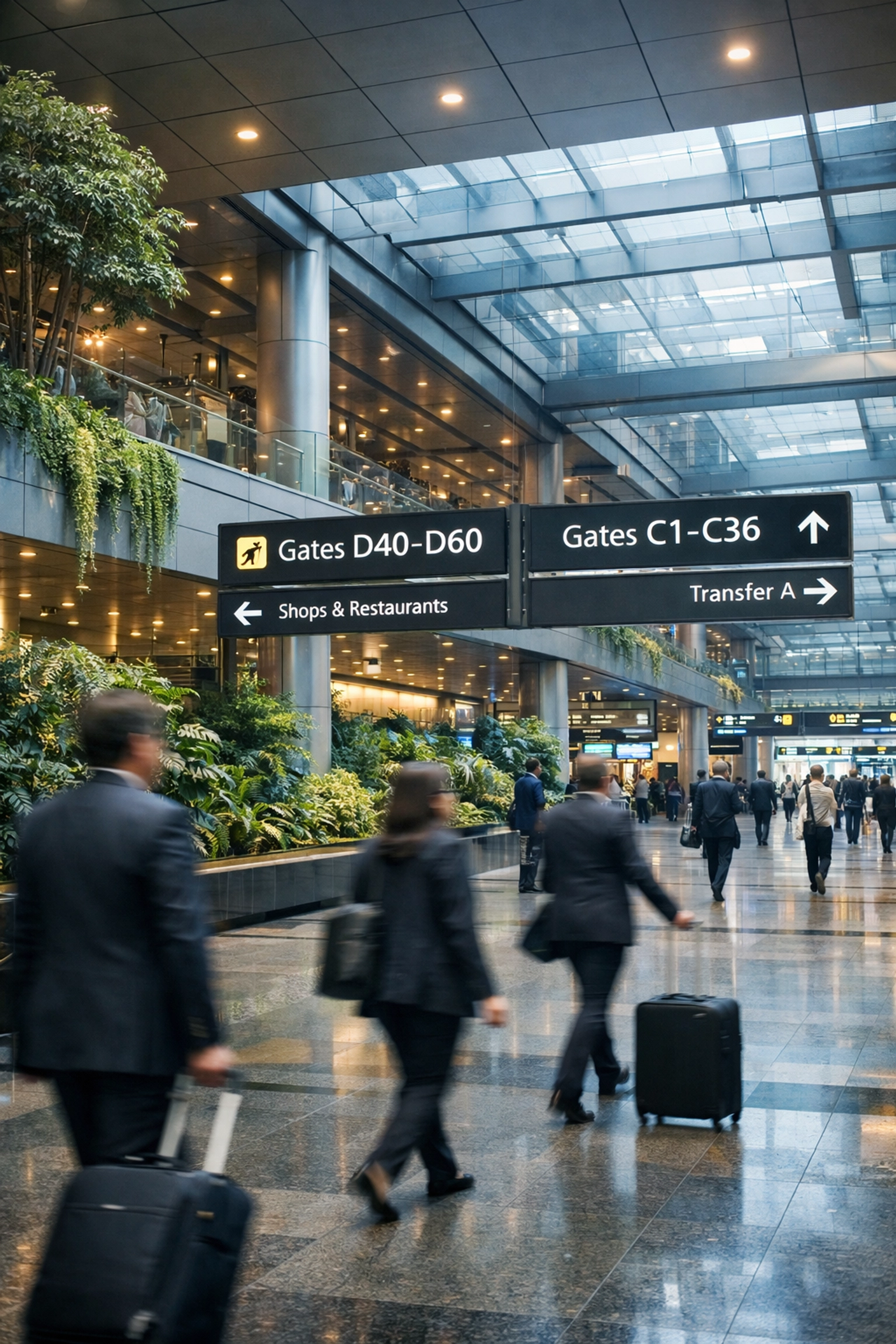Modern Changi Airport terminal interior with business travelers moving through global mobility infrastructure.