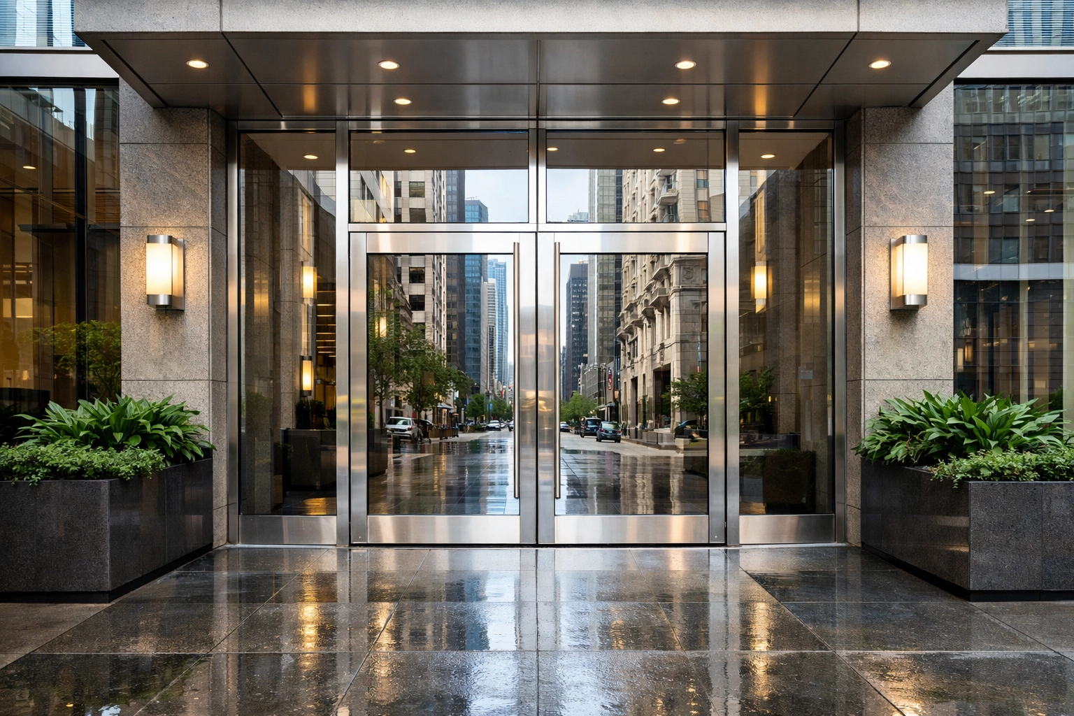 Professional multi-unit property cleaning for a luxury apartment entrance in downtown Chicago.