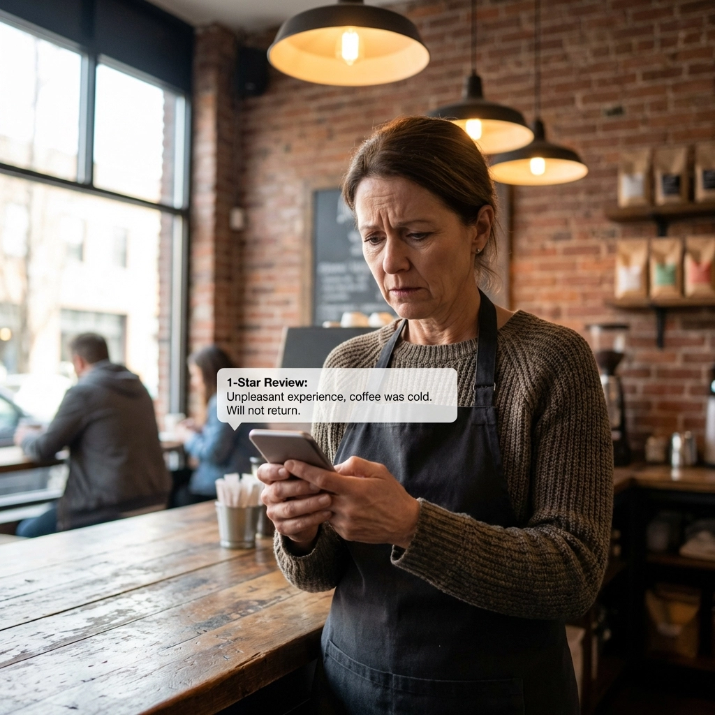 Worried small business owner checks negative Google review alert on smartphone in cozy coffee shop.