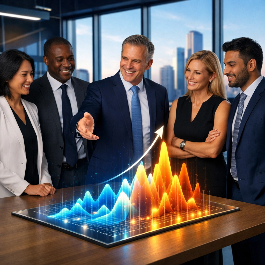 Business leaders analyzing data peaks to measure the ROI and outcomes of workforce media literacy programs.