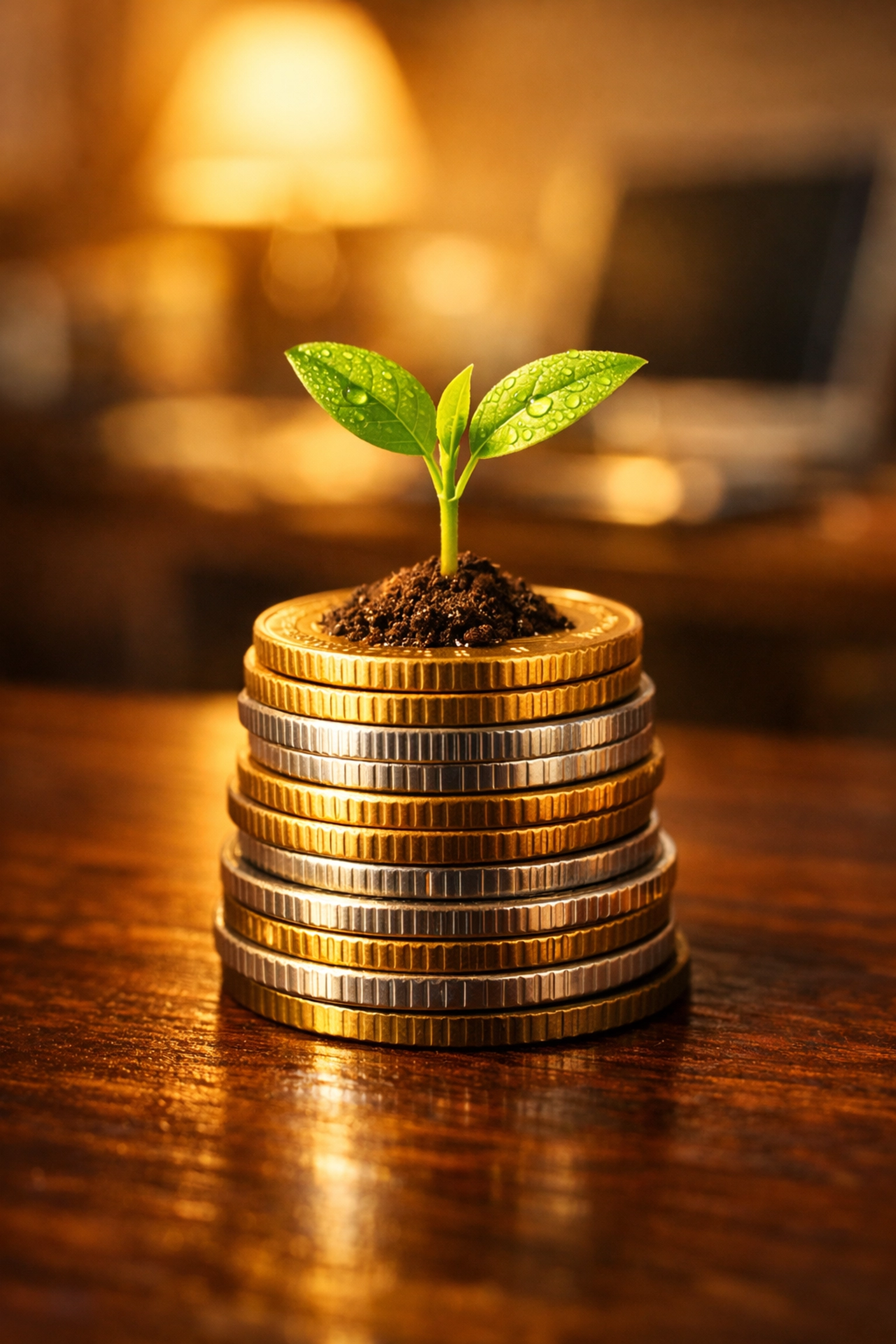 Plant growing from a stack of coins illustrating steady credit score growth over several months.