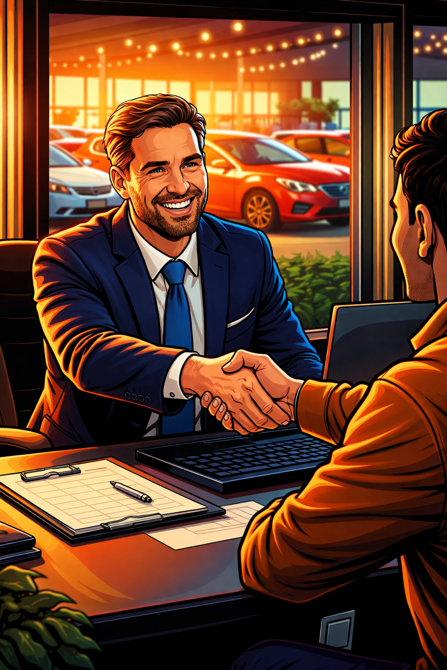 Dealership finance manager shaking hands with customer, showing easy and friendly used car loan approval in Arnold MO