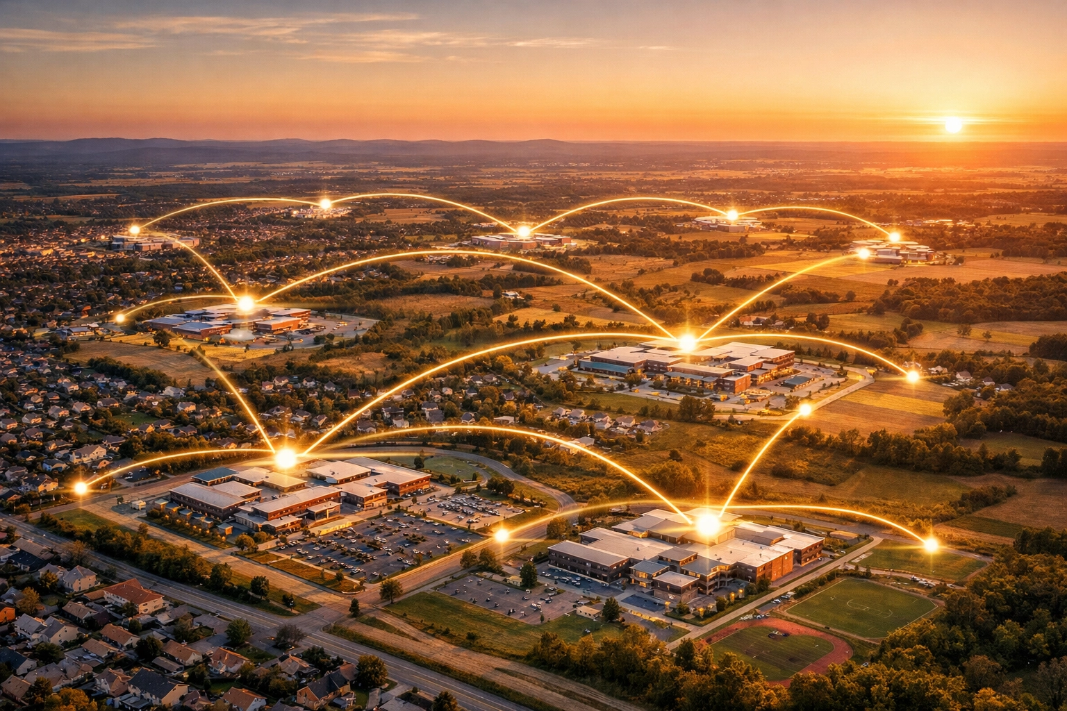 Aerial view of connected school districts showing national career-ready infrastructure network