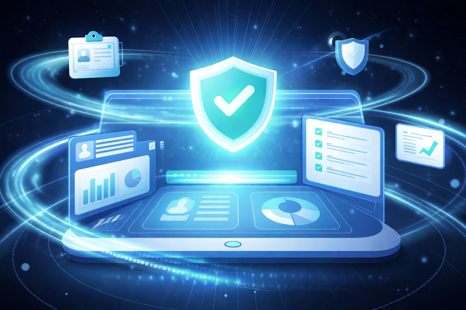 Futuristic verification dashboard with checkmarks and shields, representing fast automated DD214 eligibility checking.