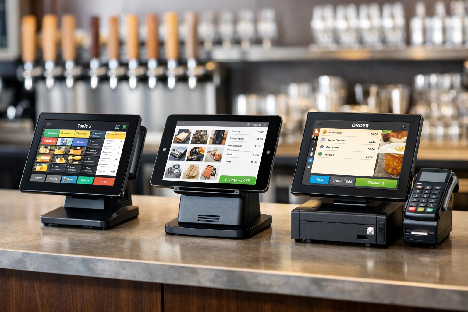 Three POS system terminals compared side by side on bar counter - Toast, EPOS Now, and SumUp