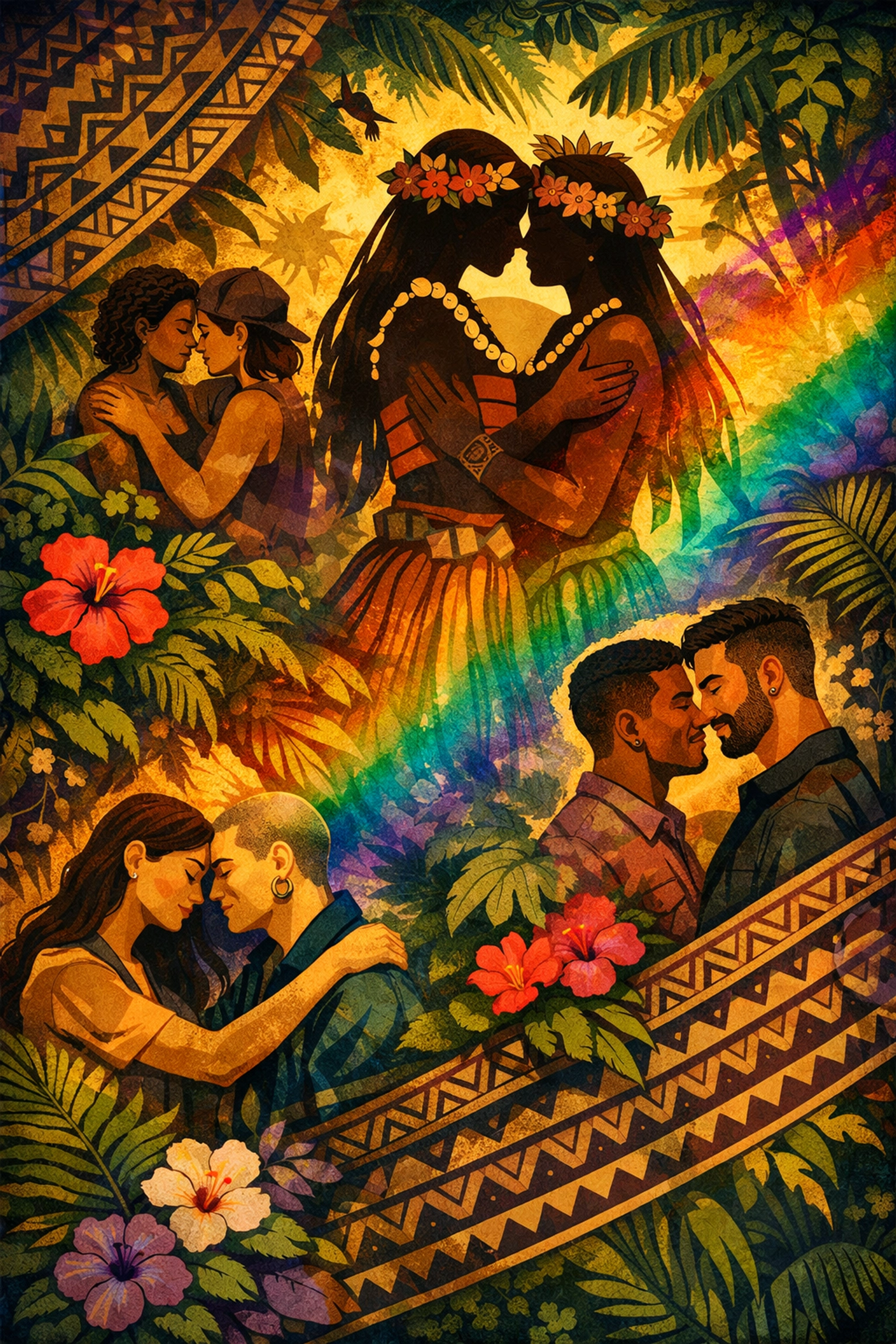 Indigenous queer couples past and present united in rainforest setting with traditional art