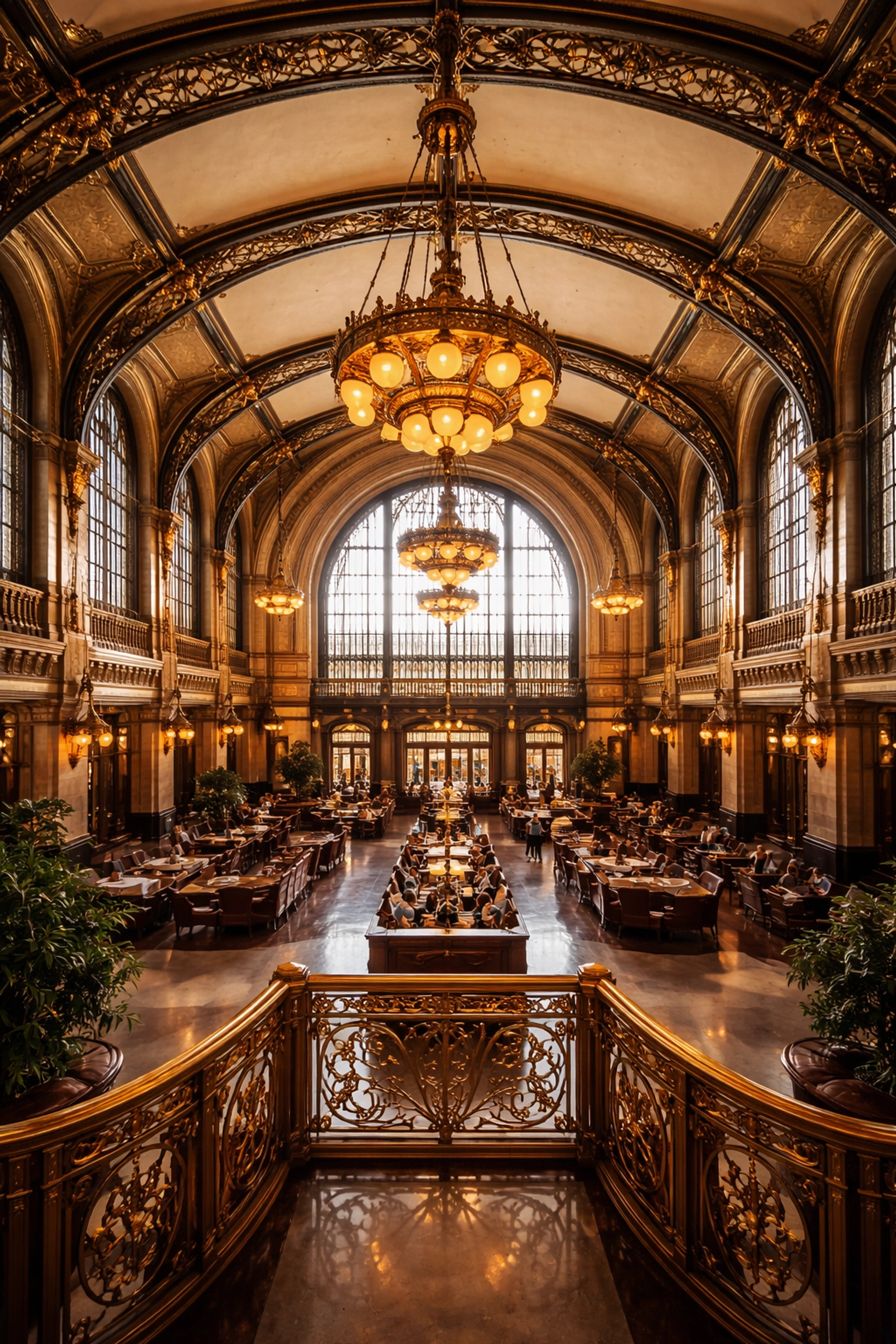 Interior of Denver Union Station highlights restored brass chandeliers, ironwork, and classic Beaux-Arts metal details.