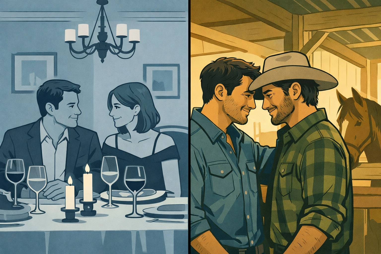 Split image showing married life versus authentic love in MM romance Bridled Hearts