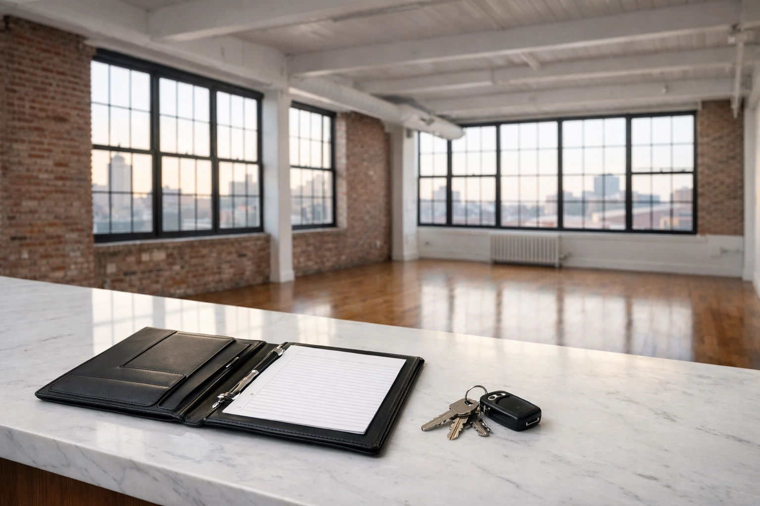Clean modern Detroit loft apartment ready for a turnover cleaning inspection with keys on the counter.