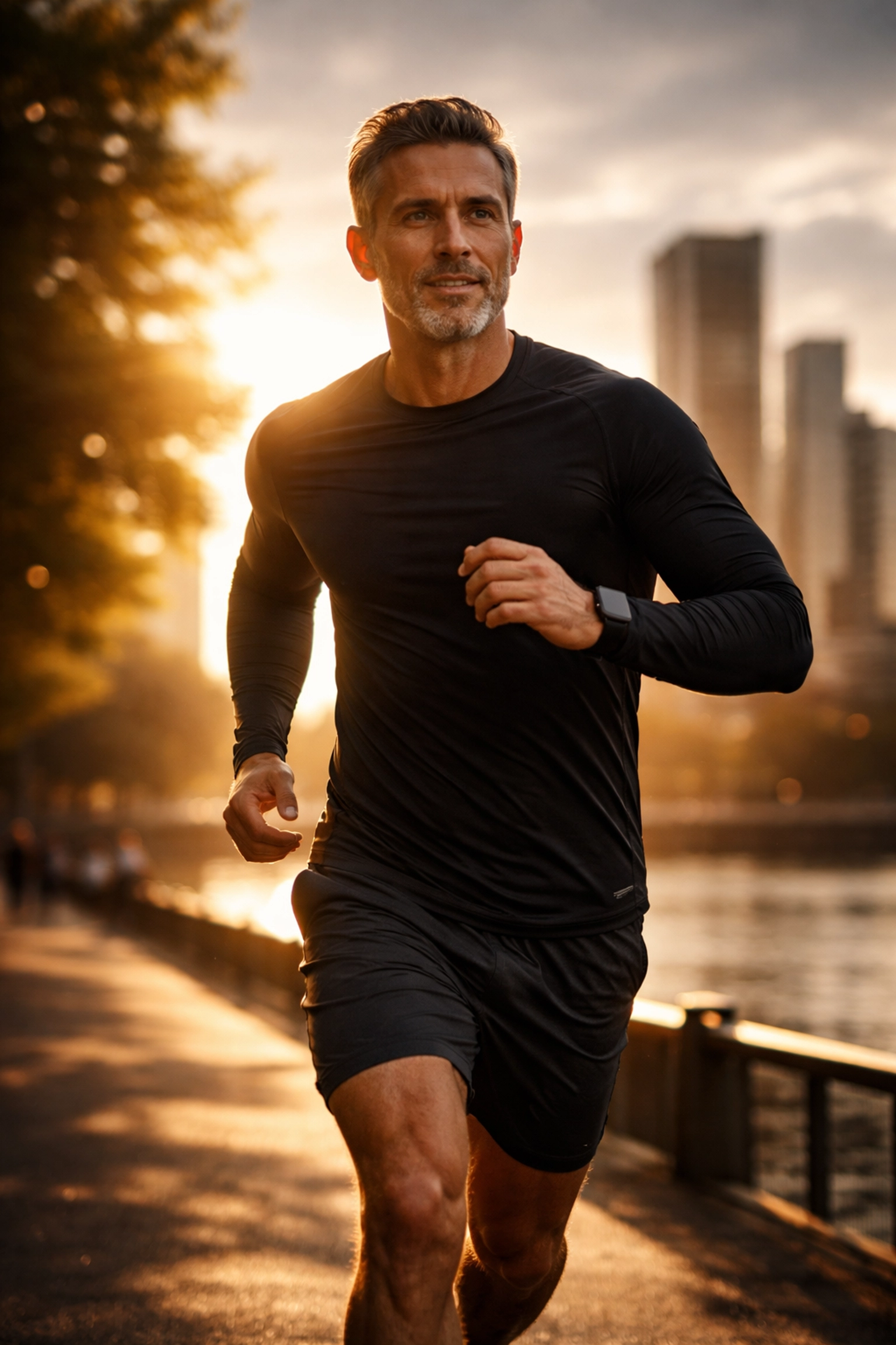 Vital man jogging at sunset illustrates the benefits of investing in proactive men's health and longevity.