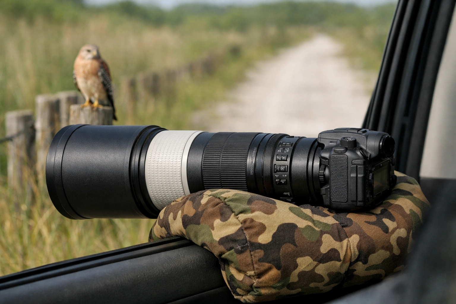 Telephoto lens on a beanbag using the car blind technique for Everglades wildlife photos.
