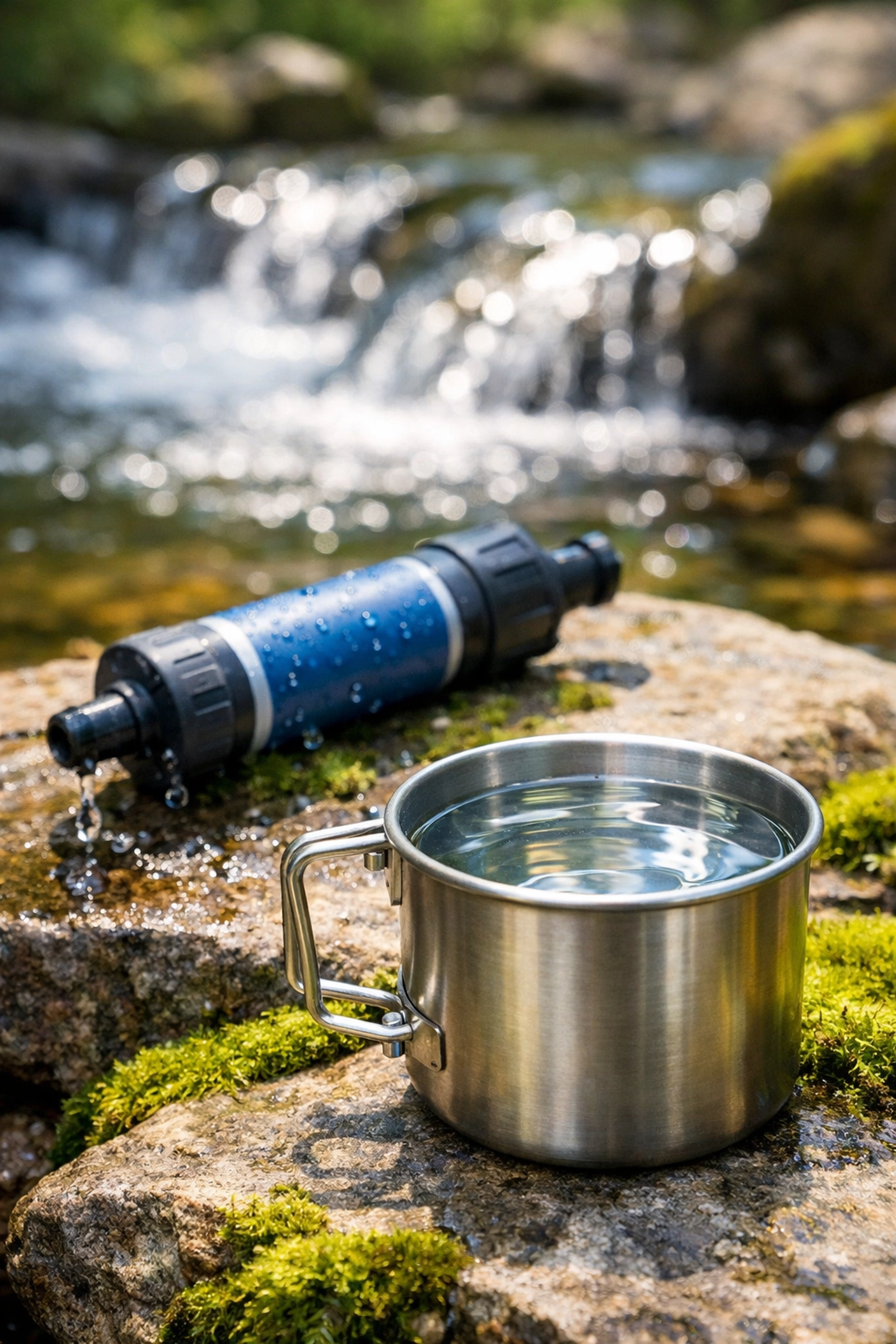 Water purification methods for camping including filter and metal cup by forest stream