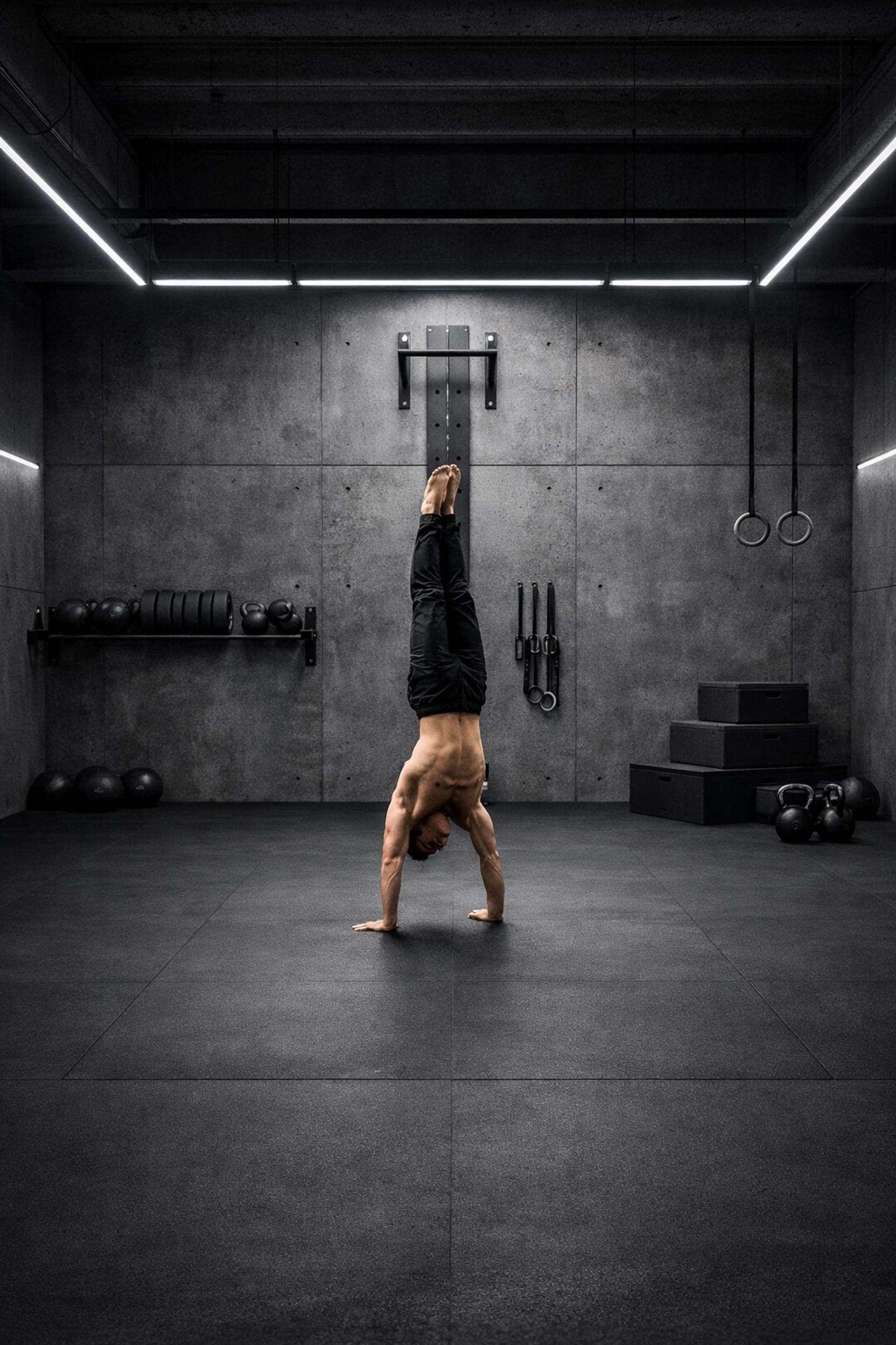 Gymnast performing bodyweight training at home using a space-saving versatile home gym rail.
