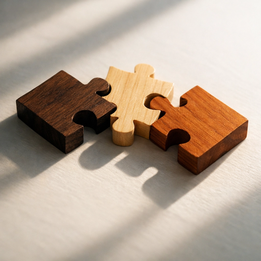 Three wooden puzzle pieces connecting representing employee safety engagement needs