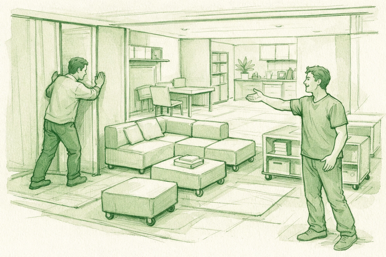 Gay men configuring modular furniture in flexible chosen family living space