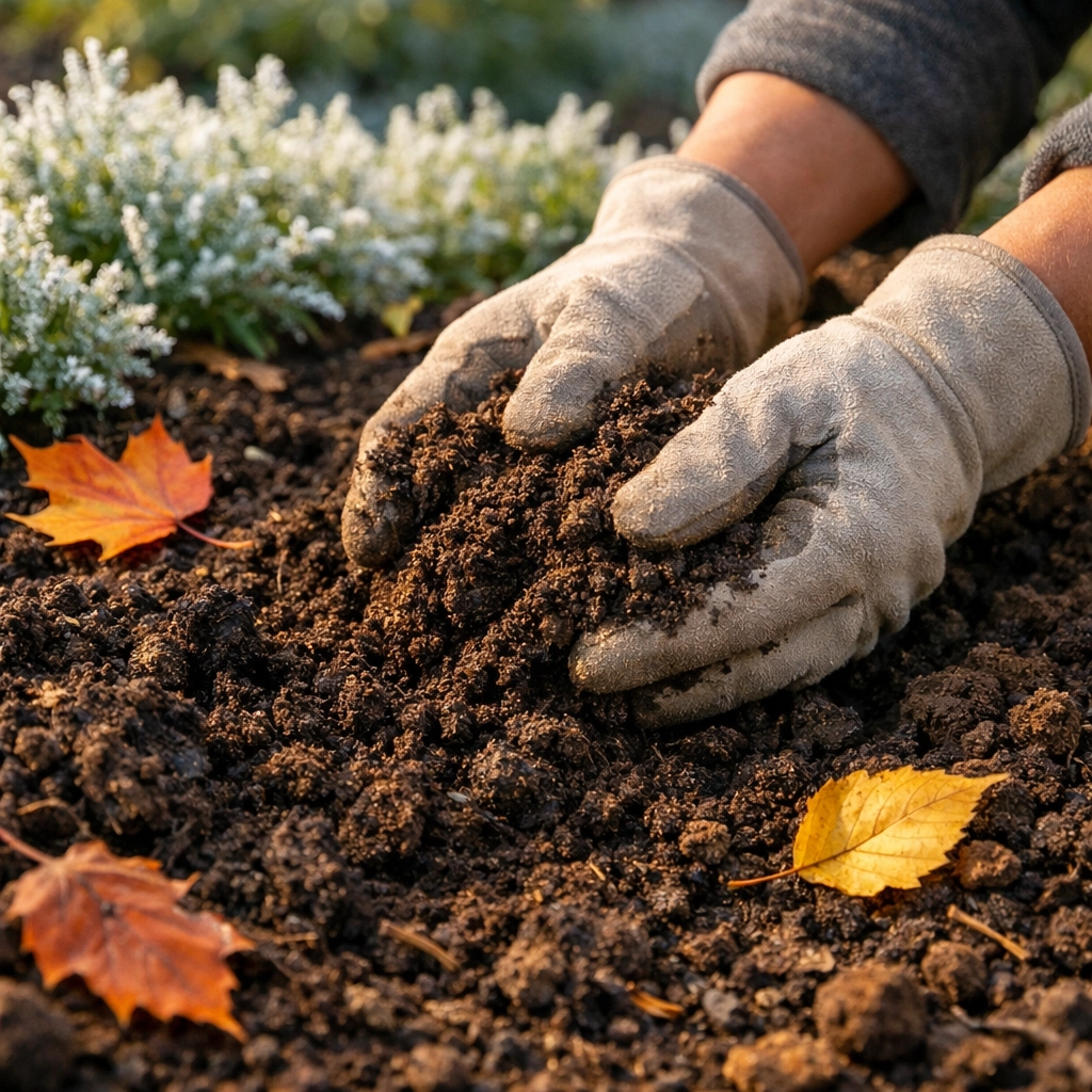 Gardener's hands turning over nutrient-dense soil to improve soil health and trace mineral levels before winter.