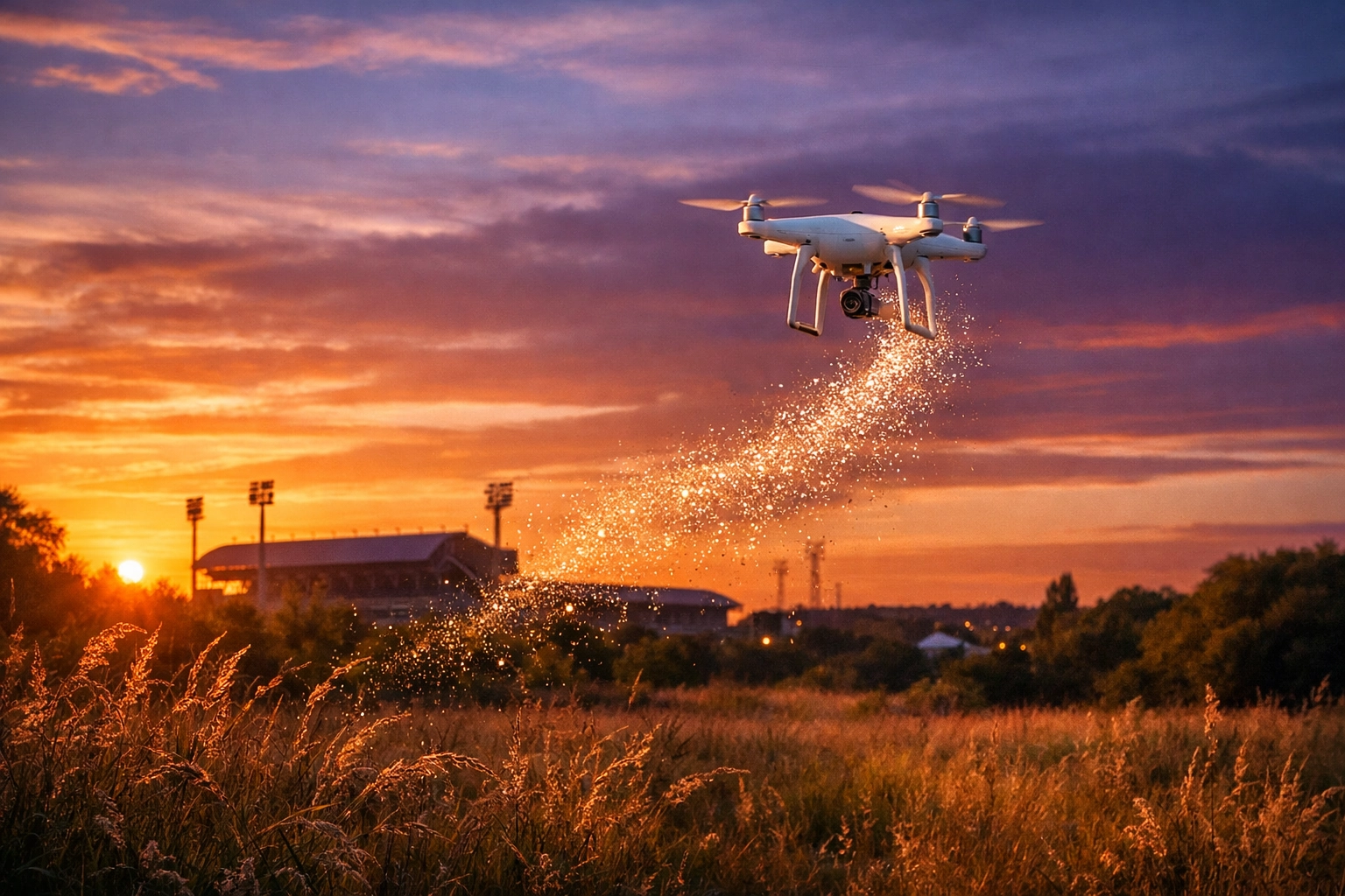 Drone scattering ashes near Selhurst Park stadium with a view of the Crystal Palace skyline at sunset.