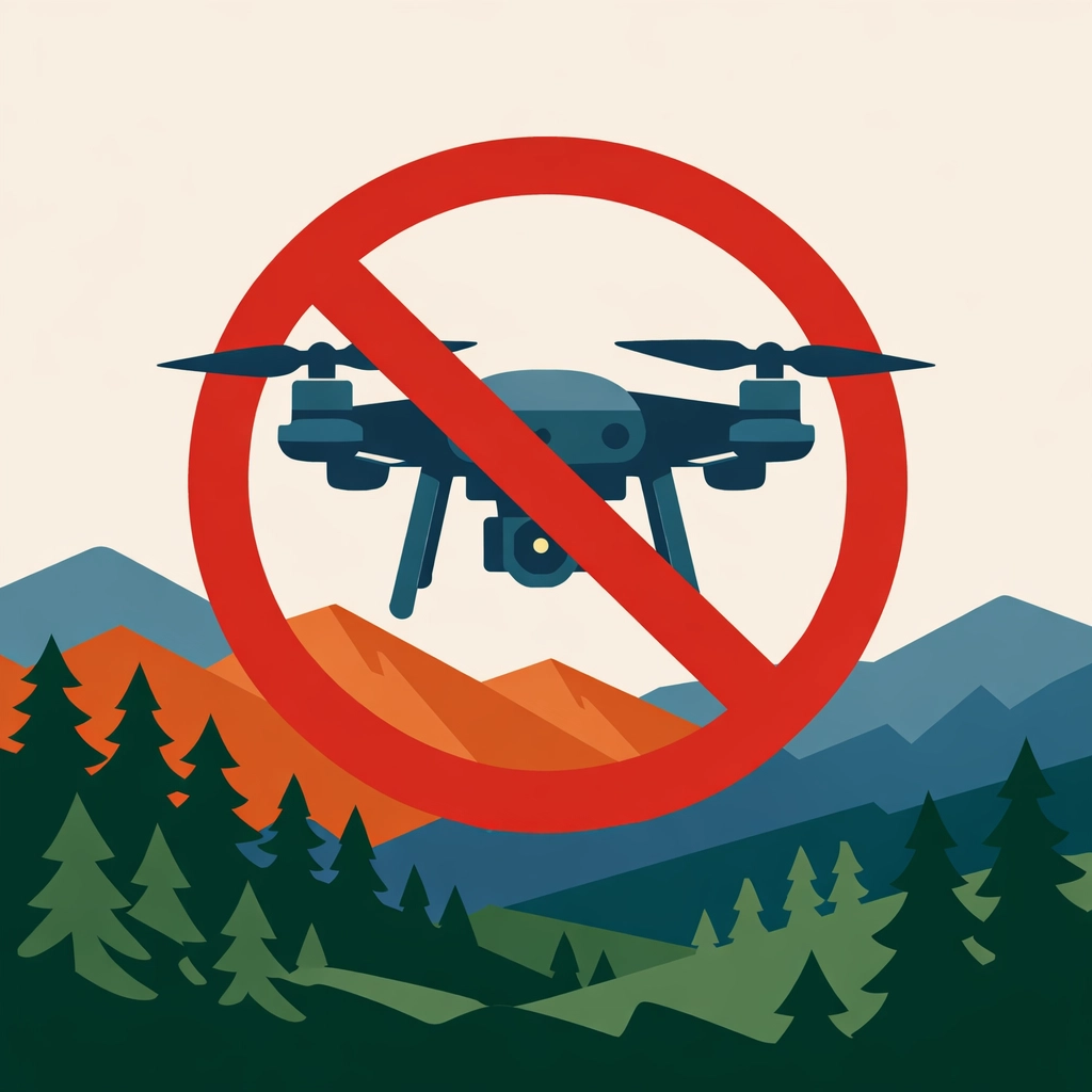 Drone with prohibition symbol over National Park mountain landscape showing no-fly zone restrictions
