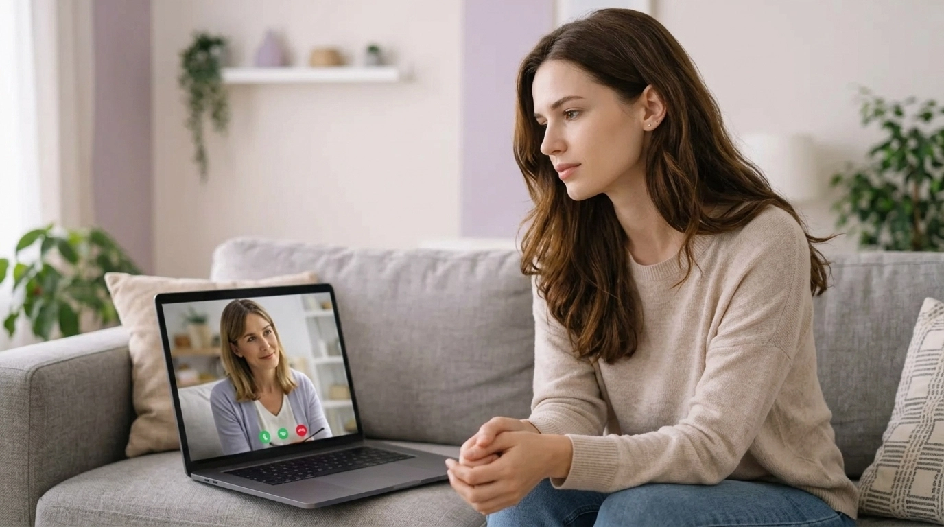 A woman sitting thoughtfully at her laptop in a softly lit, calming room.