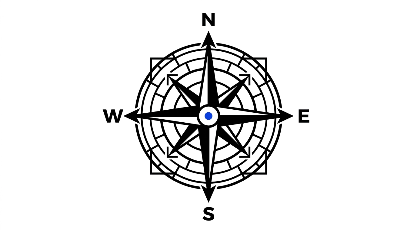 A minimalist geometric compass icon on a stark white background with a vibrant blue accent, representing precision and artistic direction.