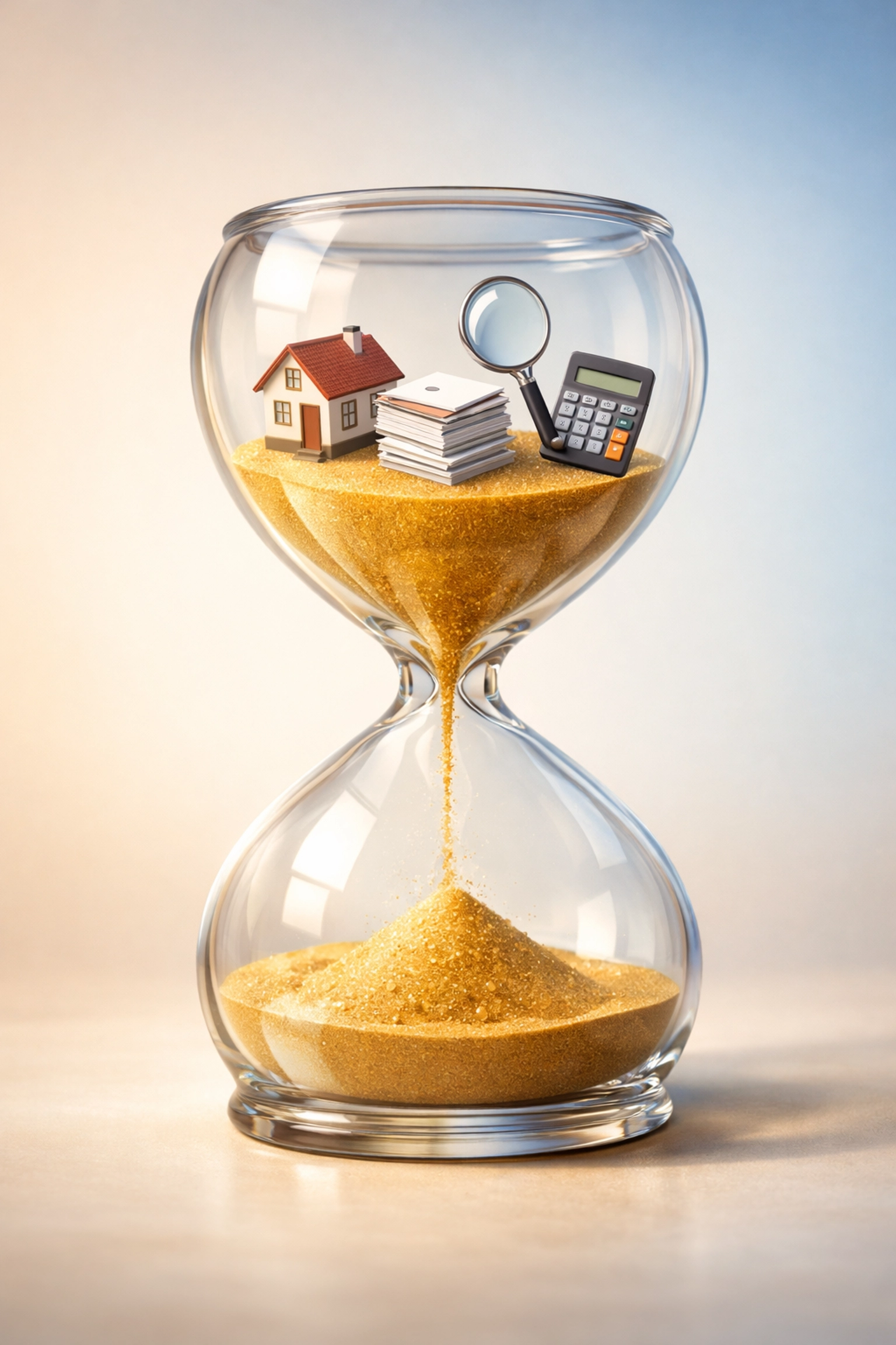 Hourglass with house model and documents illustrating conveyancing timeline delays