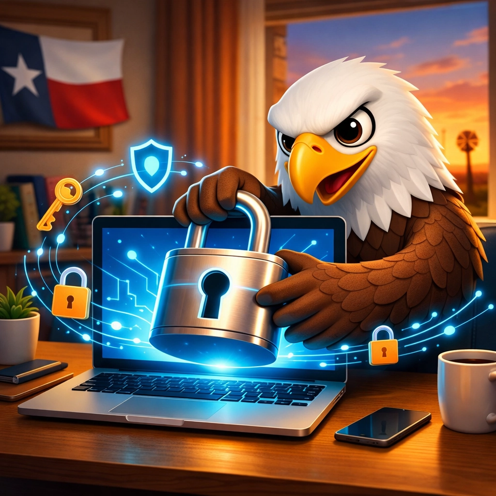 Stylized eagle guarding a home office computer with a padlock for digital business security and family protection.