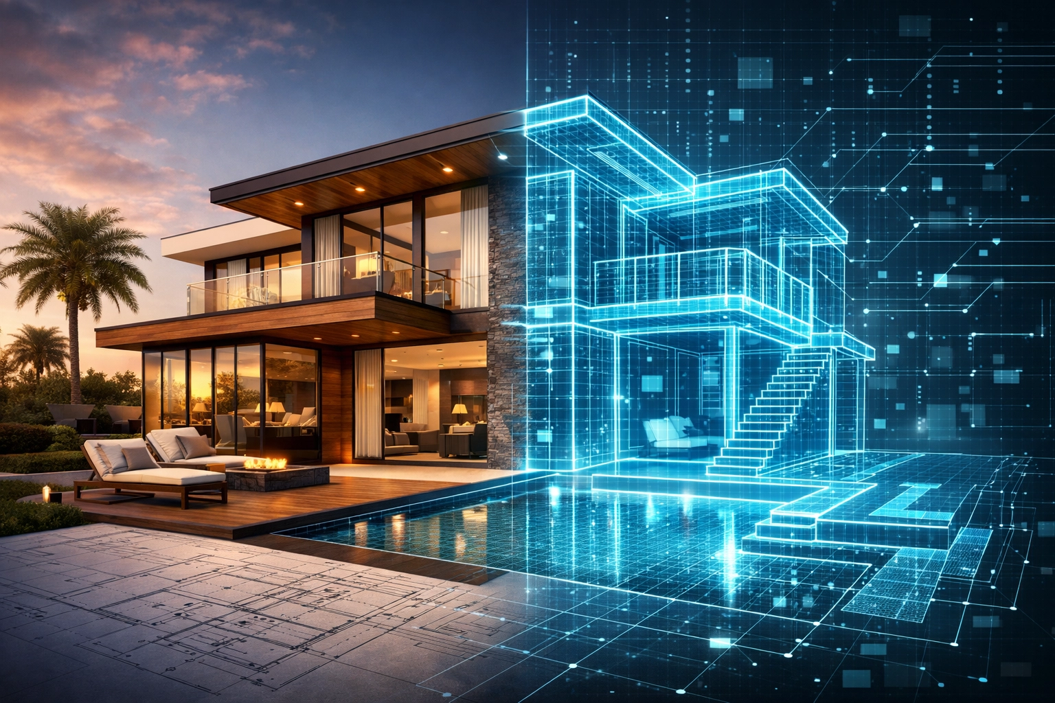 Digital blueprint of a luxury home representing modern Oklahoma real estate technology and agent expertise.