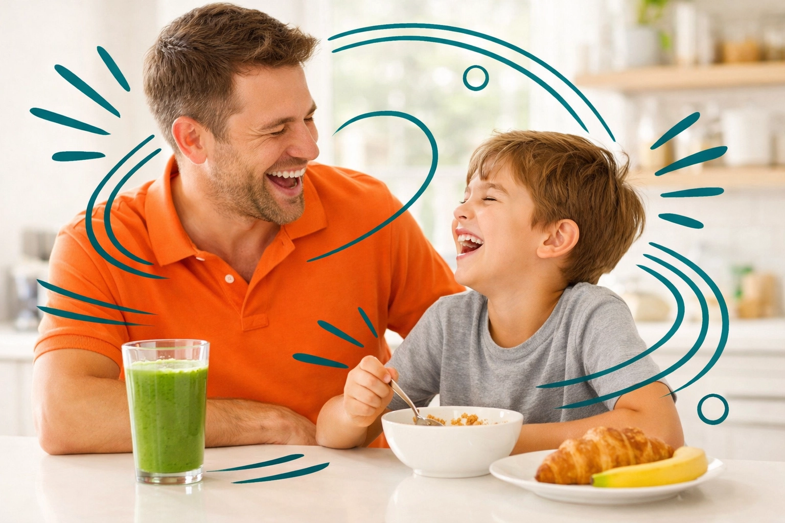 Father and son bonding at breakfast, highlighting easy 15-minute Christian life skills lessons for families.