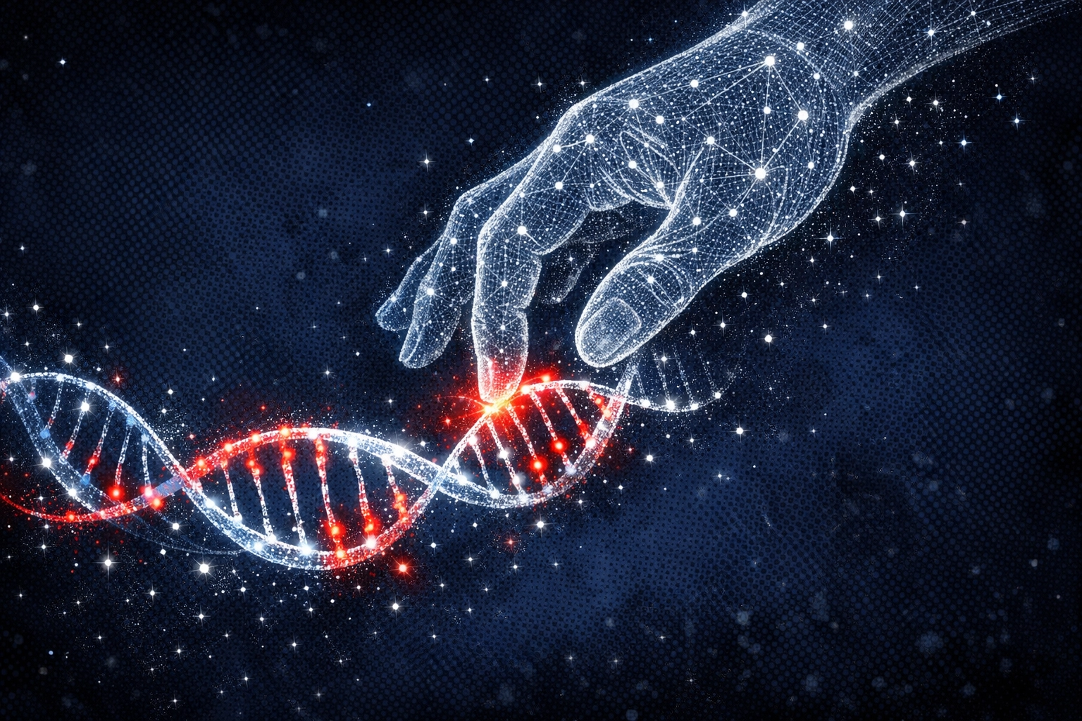 Symbolic hand of the Creator reaching for DNA, illustrating the intersection of faith and science.