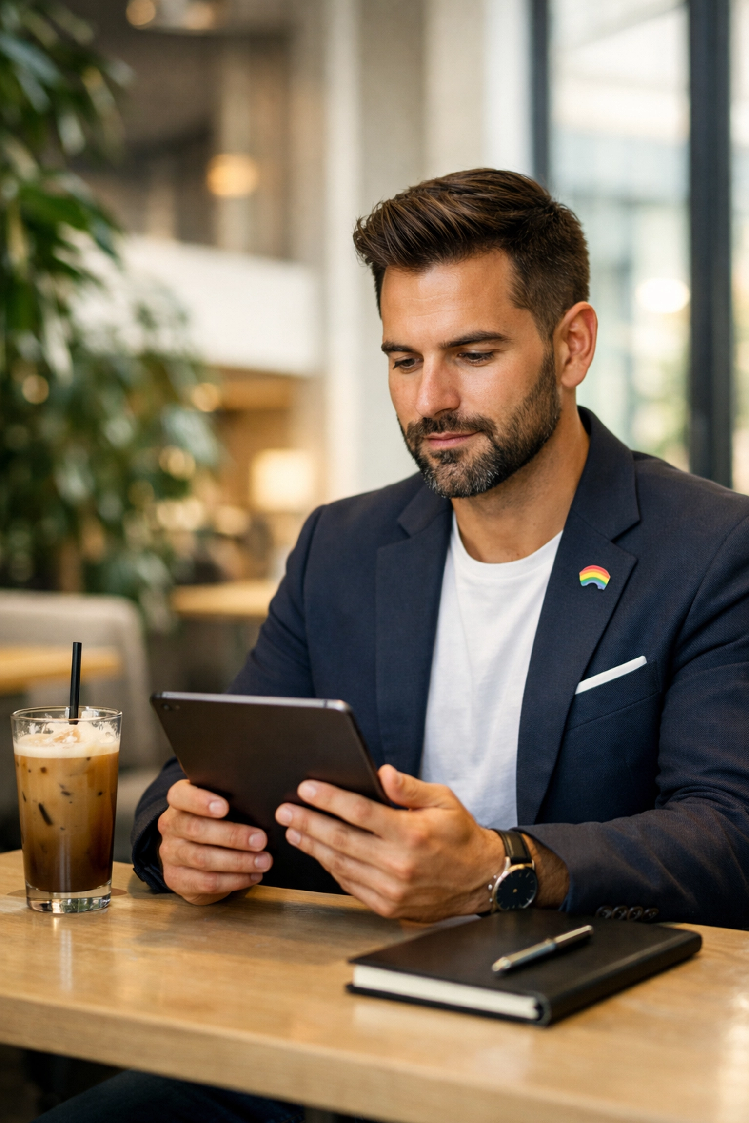 A gay professional with a rainbow pin researching queer leadership on a tablet in a modern co-working office.
